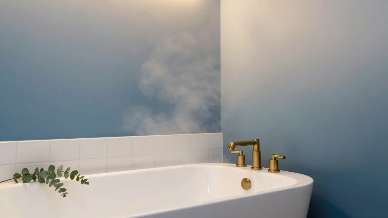 Koupelna s přechodem barev od mořské modré k šedé, s luxusními detaily a klidným světlem.