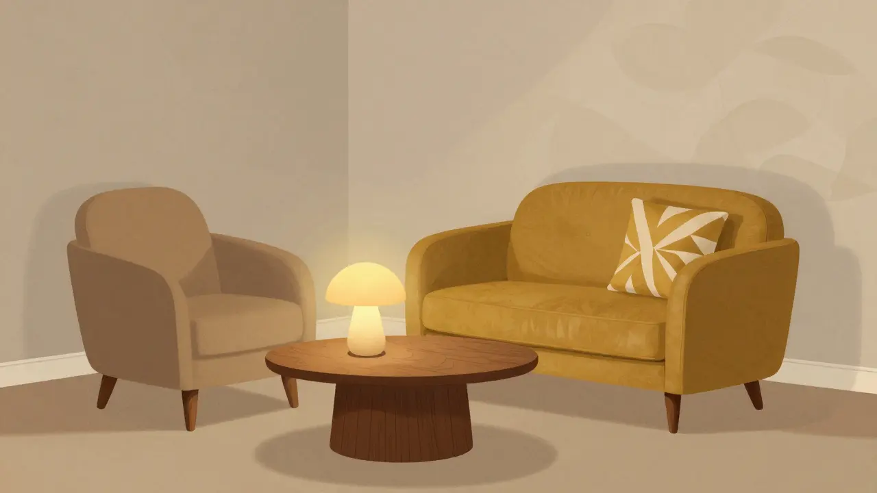 Křeslo s kulatými čarami a kuželovitými nohami v obývacím pokoji s kruhovým stolečkem a mírným osvětlením.