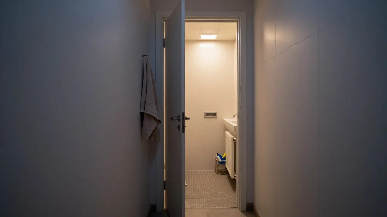 Moderní koupelna s posuvnými dveřmi a podlahovým topením, osvětlená LED světlem v nočním režimu.