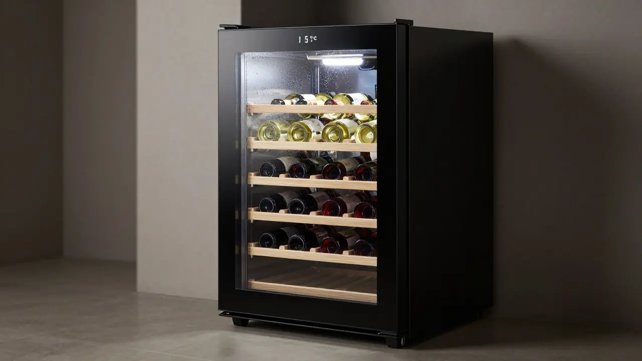 Moderní vinotéka s dvěma teplotními zónami, otevřená, s bílým a červeným vínem.