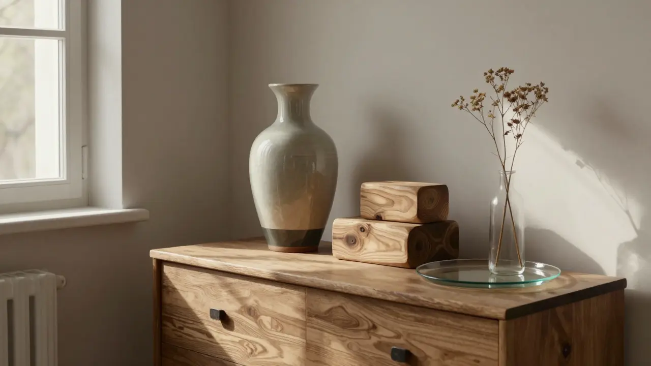 Moderní zátiší na dřevěné komodě s texturami dřeva, keramiky a suchých květin pod přirozeným světlem.