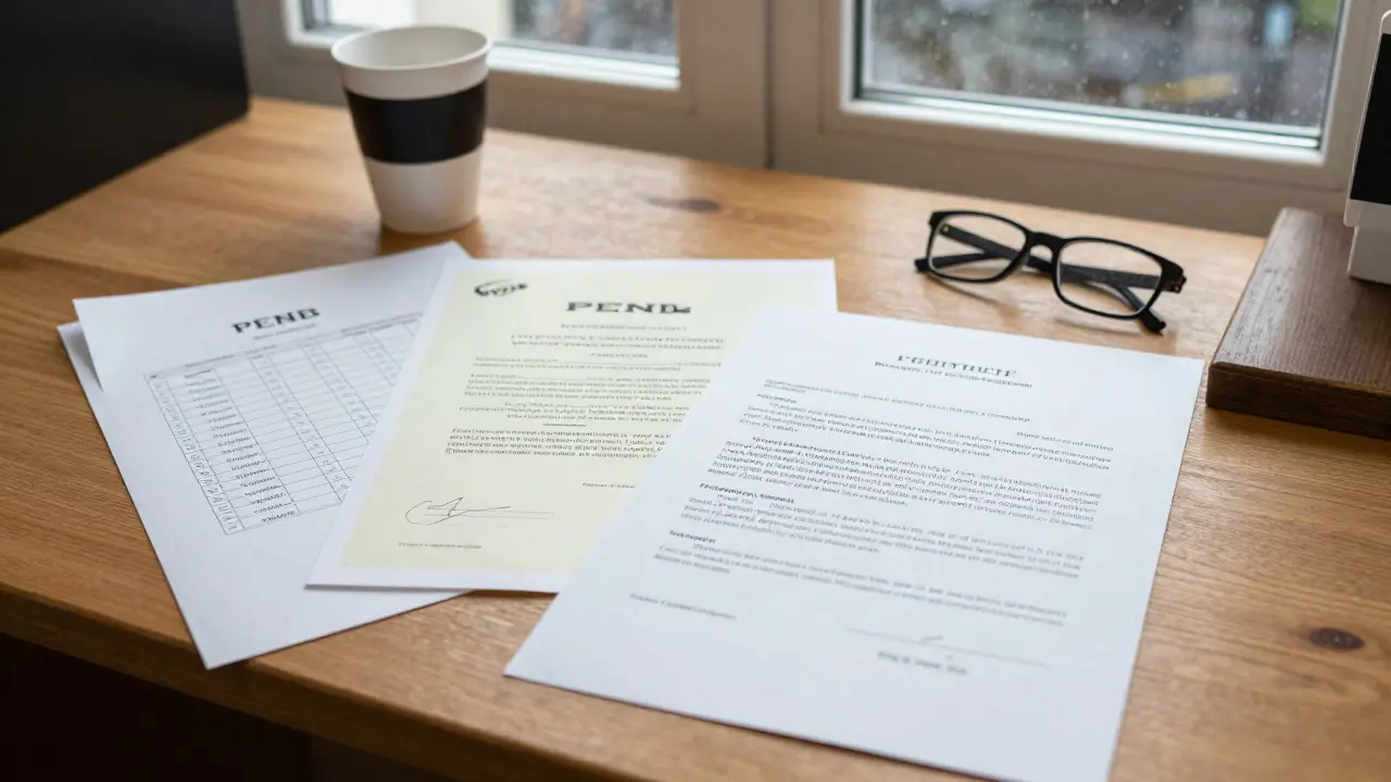 Na stole v notářově kanceláři leží dokumenty koupi domu a vyplněný kontrolní seznam.