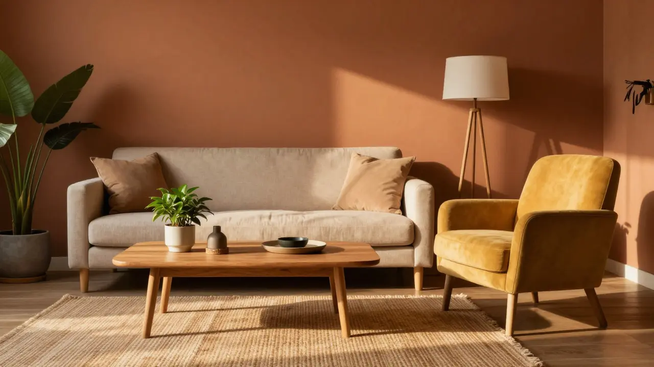 Obývací pokoj s teplými odstíny a akcentem žlutého, vytvářející útulnou atmosféru.