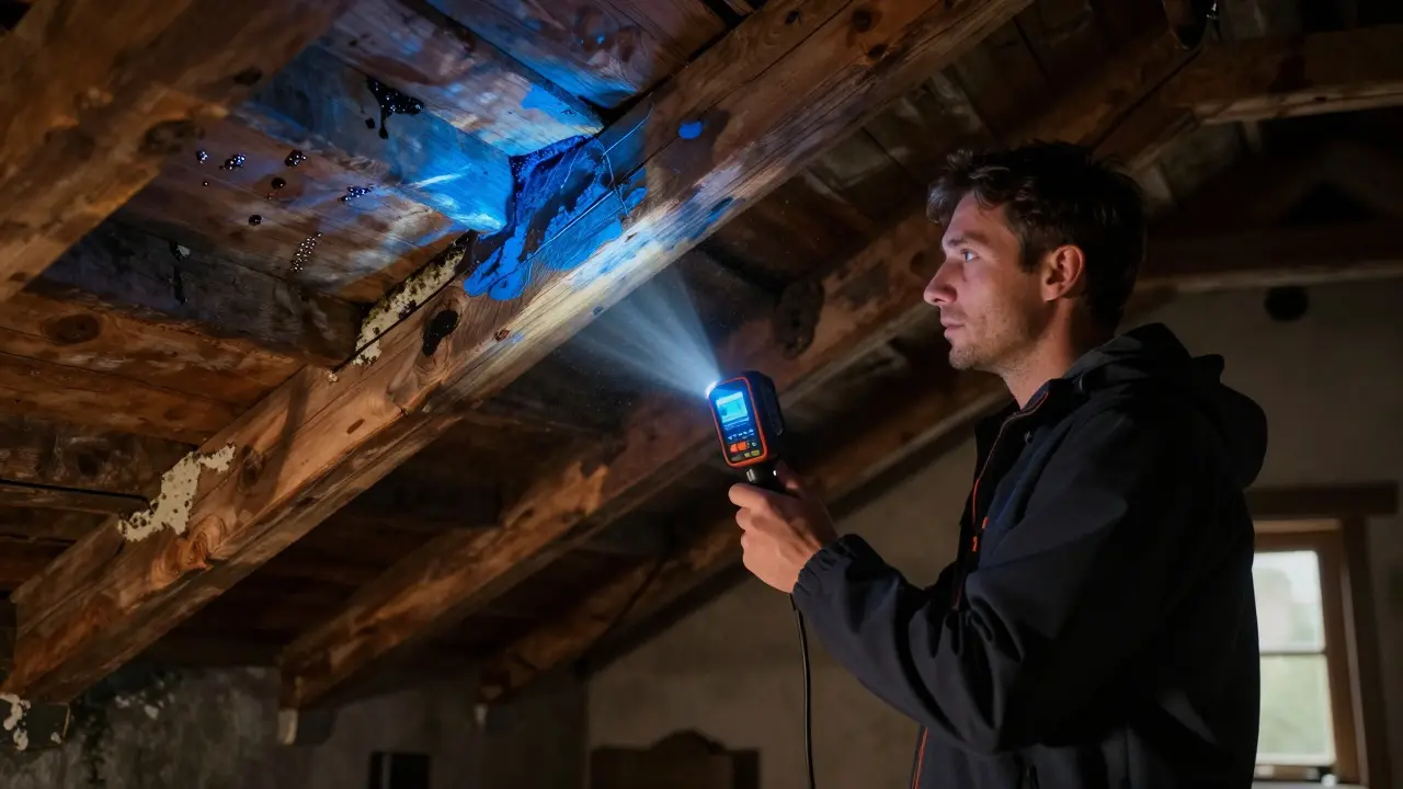 Odborník používá termokameru v podkroví, kde jsou vidět stopy vlhkosti a plísně.