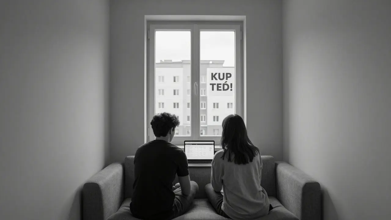 Pár sedí v malém bytě a sleduje hypotéční kalkulačku s měsíční splátkou 45 000 Kč, za oknem nápis 'KUP TEĎ!'