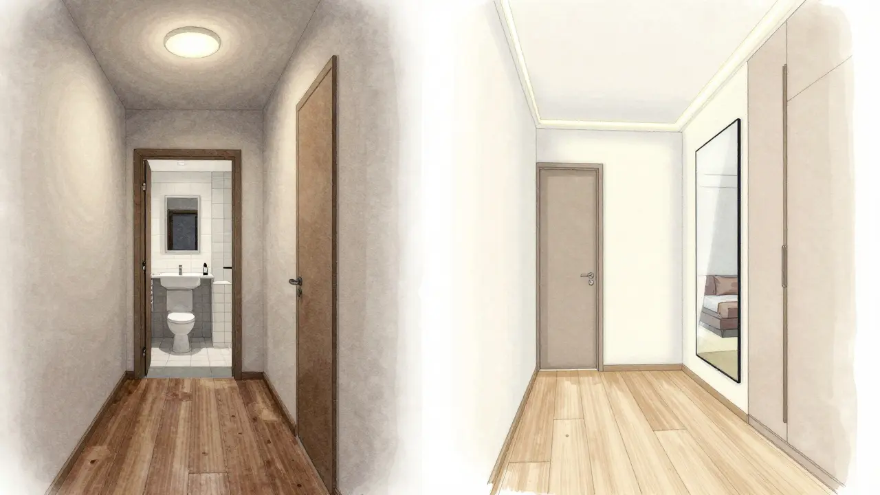 Před a po: kontrast mezi špatně navrženou a moderně přestavěnou chodbou v panelovém bytě.