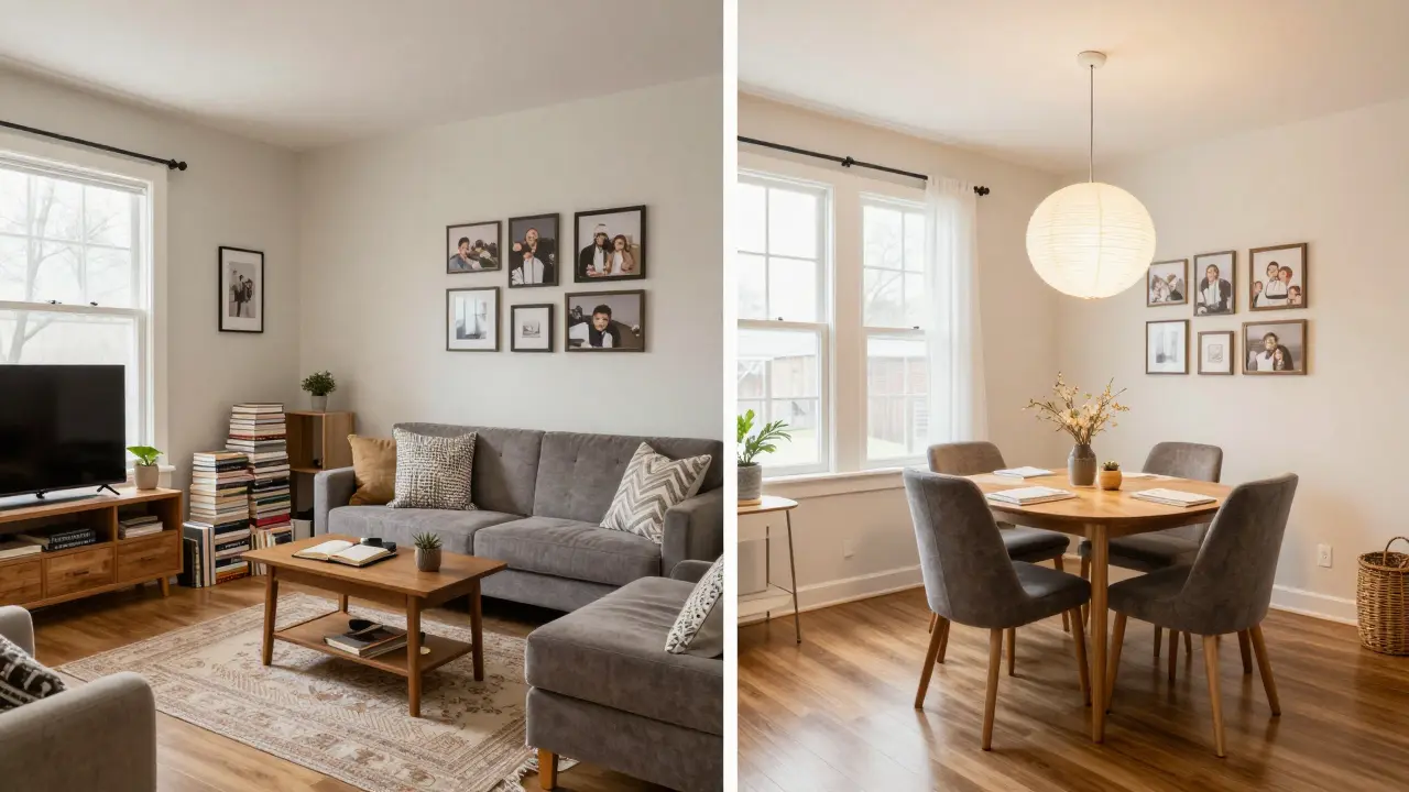 Před a po: zaneprázdněný byt vs. profesionálně stagingovaný prostor s přitažlivým vzhledem.