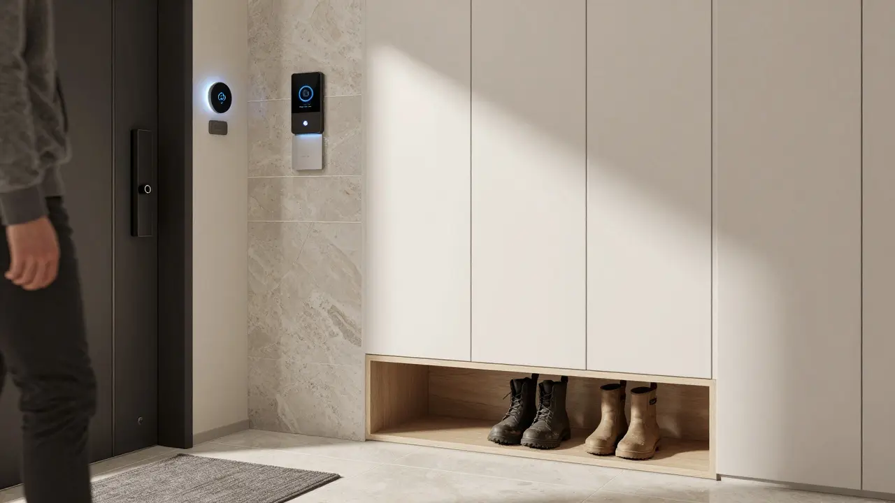 Přehled vstupní haly s chytrými prvky: automatické osvětlení, nabíječky a skrytá zóna pro čištění bot.