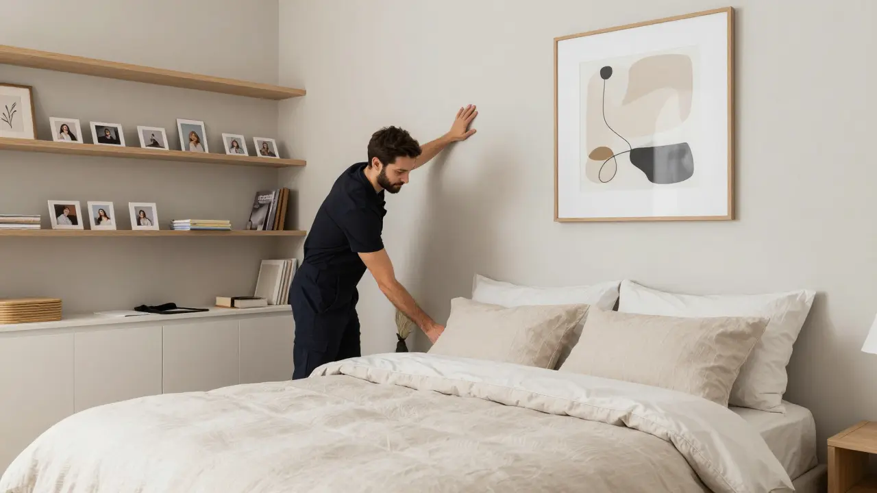 Profesionál upravuje ložnici s čistými lénovými polštáři a odstraňuje osobní předměty.