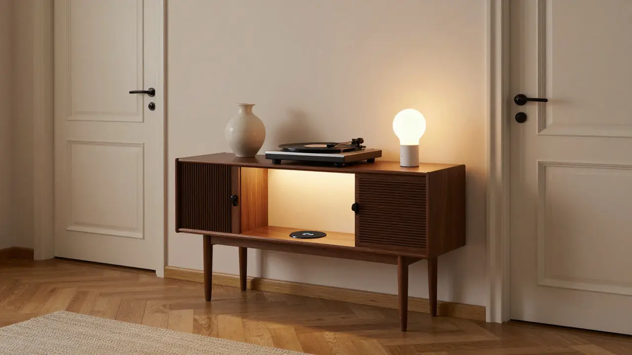 Retro 2.0 konzola s bezdrátovým nabíjením a LED osvětlením v panelovém bytě, kombinující vintage design s moderní technologií.