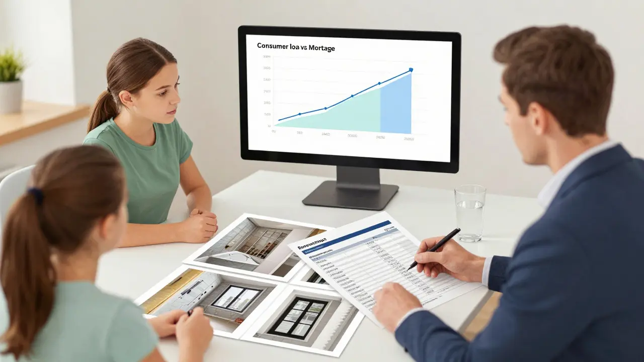 Rodina a bankovní poradce analyzují rozpočet rekonstrukce bytu s fotografiami a plány.