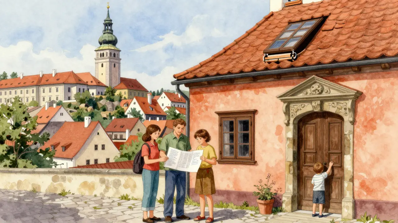 Rodina u historického domu v Českém Krumlově s plány a obnovovanou fasádou.