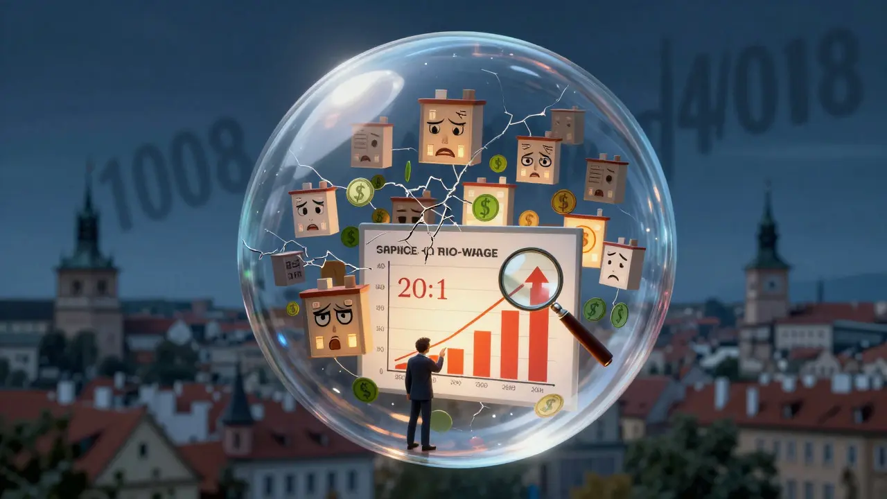Skleněná cenová bublina nad Prahou s trhlinami, uvnitř byty a peníze, postava analyzuje poměr ceny k mzdě 20:1.