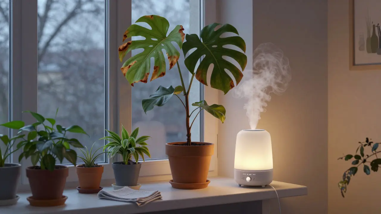 Tropická rostlina s hnědými okraji listů v bytě s vlhčičkou