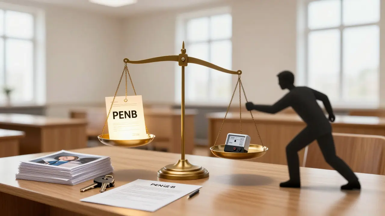 Váha s energetickým průkazem a dokumenty proti chybějícímu záznamu, symbolizující právní ochranu.