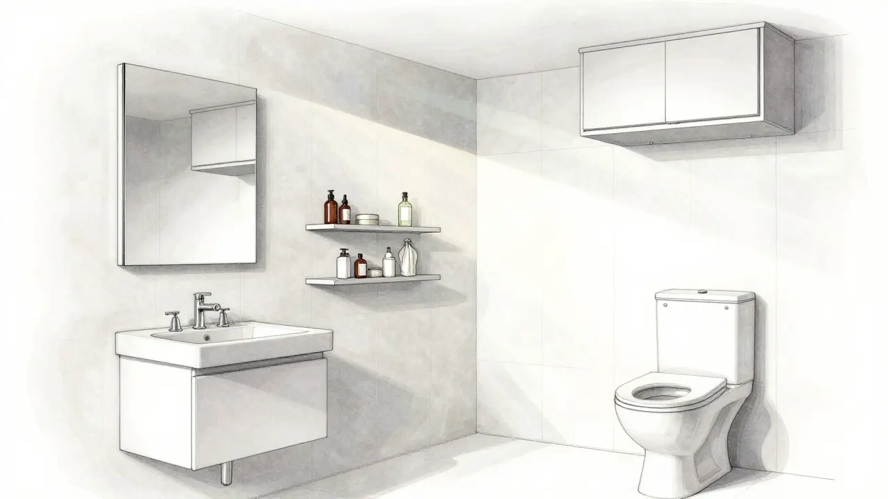 Vertikální úložný systém v koupelně s zrcadlovou skříní a poličkami, zvýrazňující úsporu prostoru.