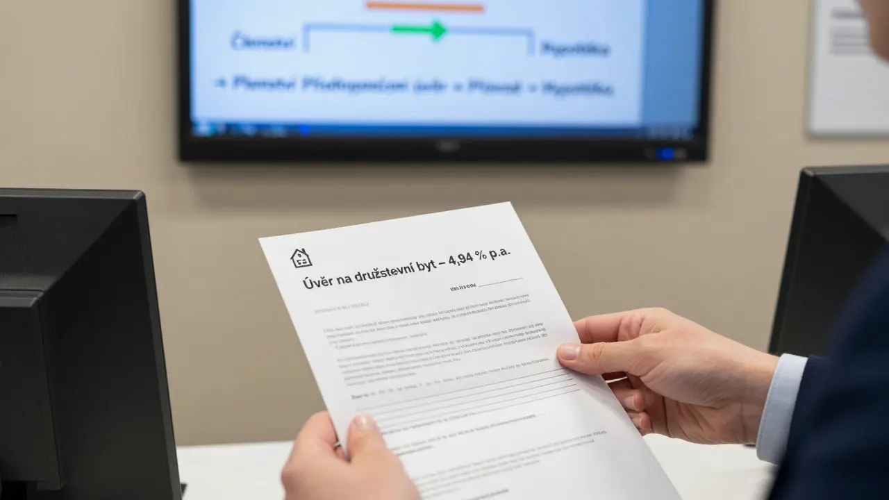 Bankovní úředník předává klientovi smlouvu o předhypotečním úvěru v bankovní pobočce.