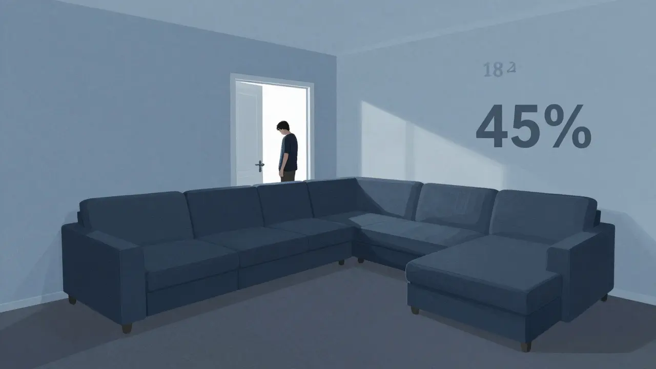 Čtvercový obývák s přeplněnou rohovou sedačkou