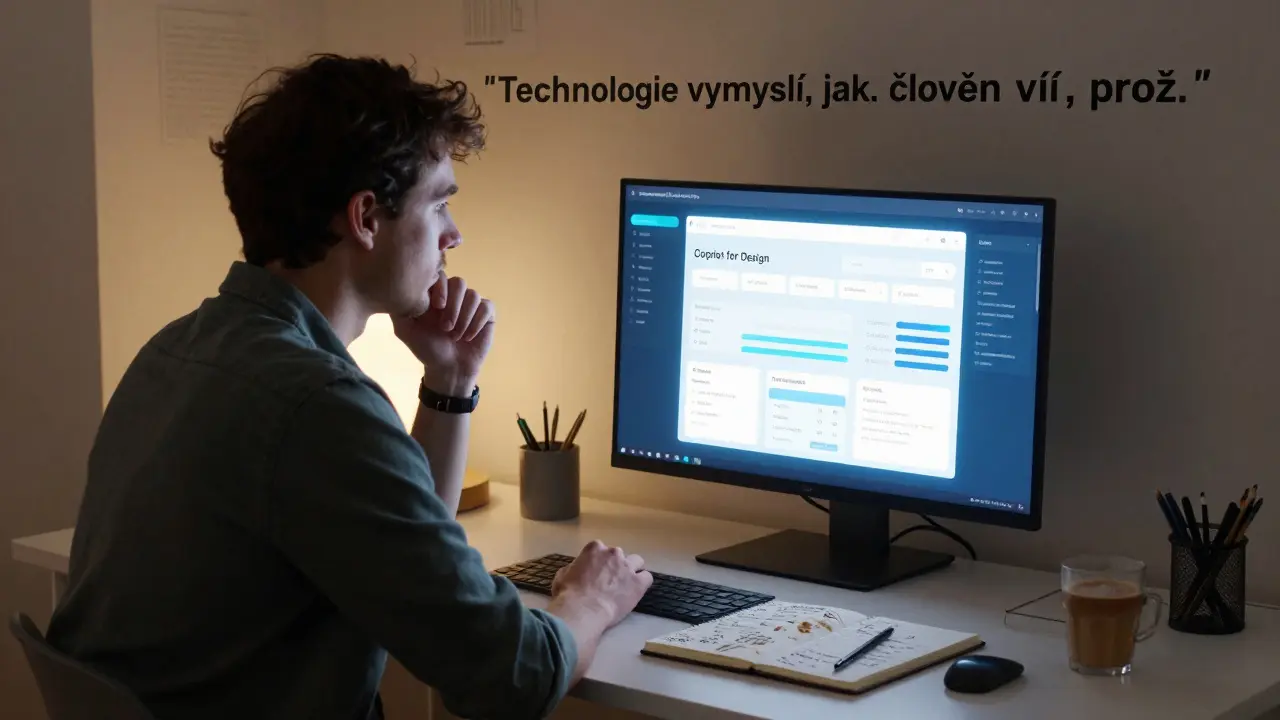 Designér pozoruje AI návrhy, zatímco vedle něj leží ručně psané poznámky z testů uživatelů.