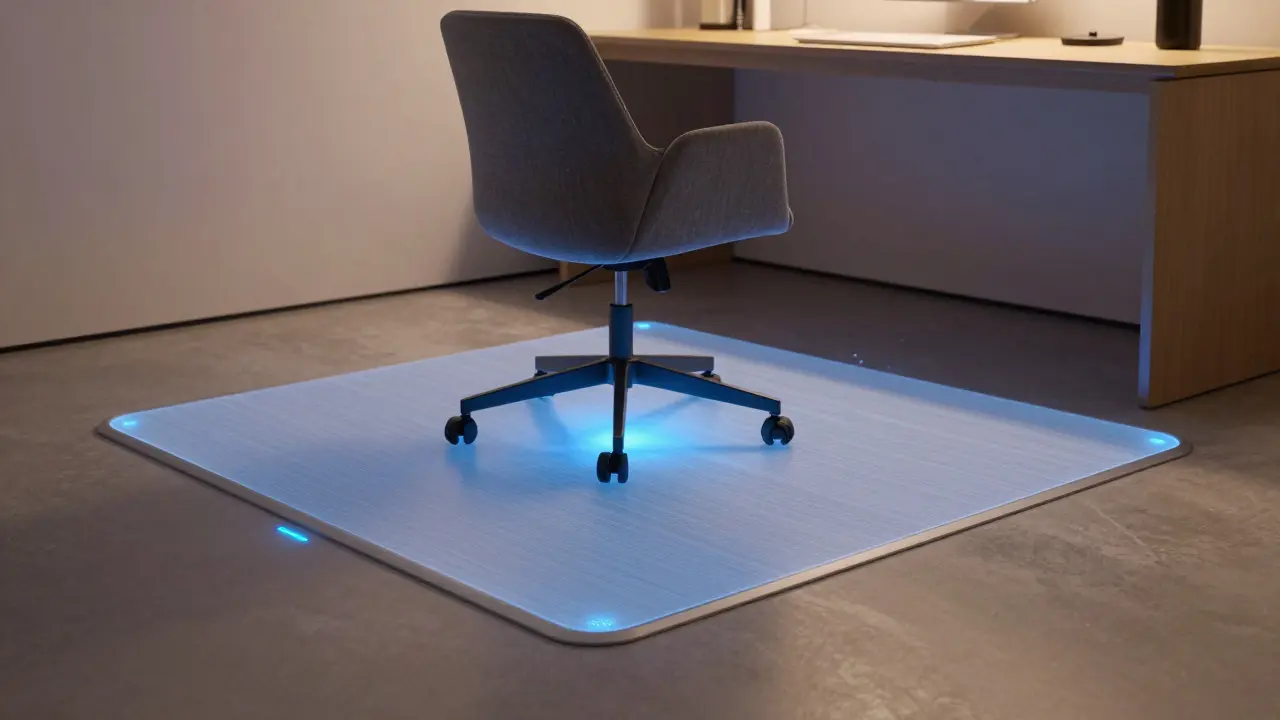 Futuristic smart floor with glowing sensors beneath an office chair, representing adaptive flooring technology.