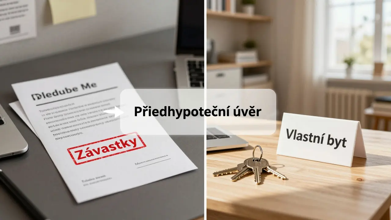 Kontrast mezi finančními problémy a vlastním bytem – předhypoteční úvěr jako přechod mezi oběma světy.