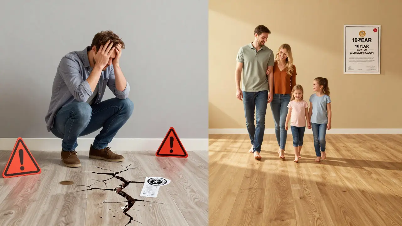 Kontrast mezi selháním samostatné instalace a bezpečnou odbornou montáží podlahy.