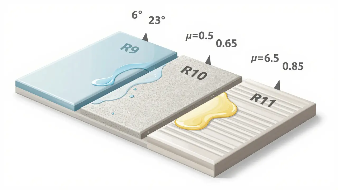 Křížový řez tří typů dlažby R9, R10 a R11 na nakloněné rovině s vodou a úhly sklonu.