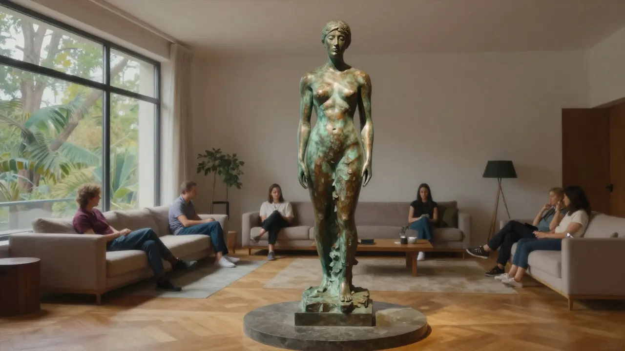 Large bronze sculpture standing centrally in a spacious living room, illuminated by natural and artificial light.