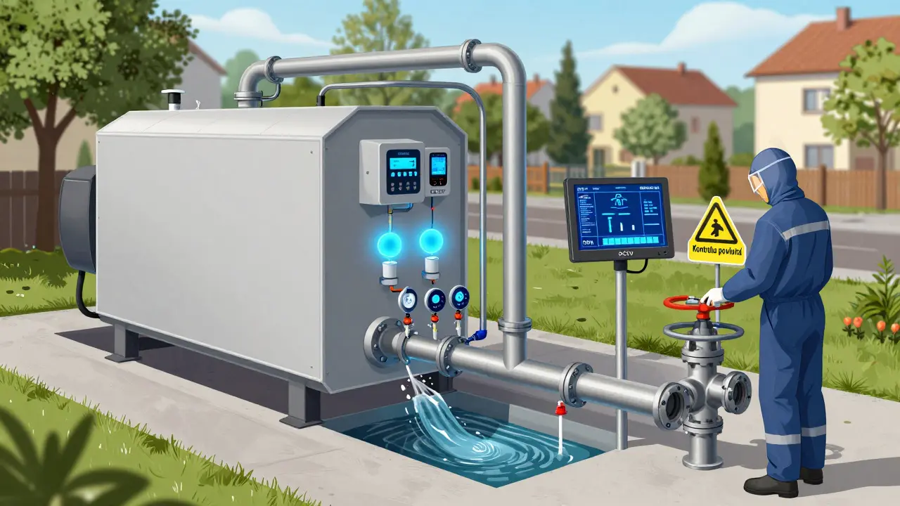 Moderní domovní čistírna s čidly a technikem provádějícím kontrolu odpadních vod.