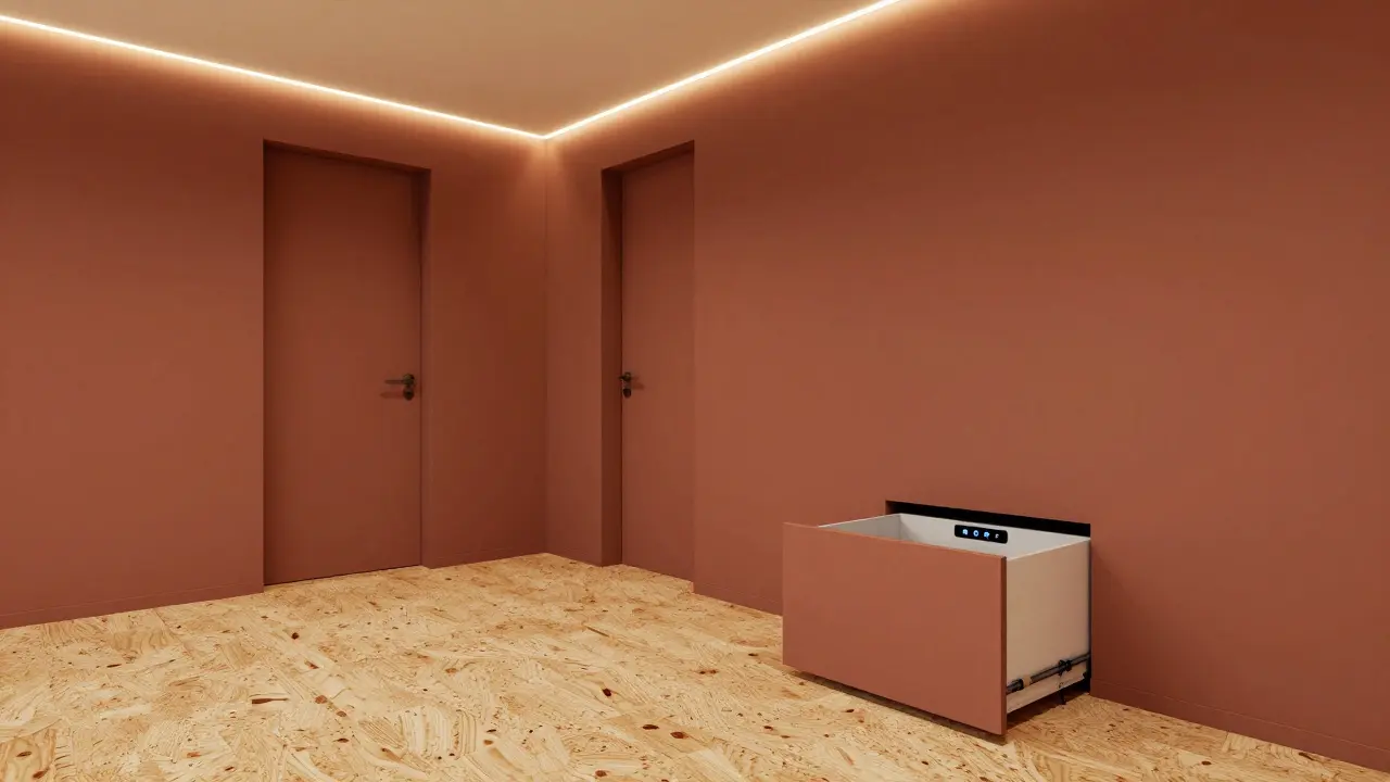 Obývací pokoj s teplými stěnami, skrytými dveřmi, LED osvětlením a korkovou podlahou