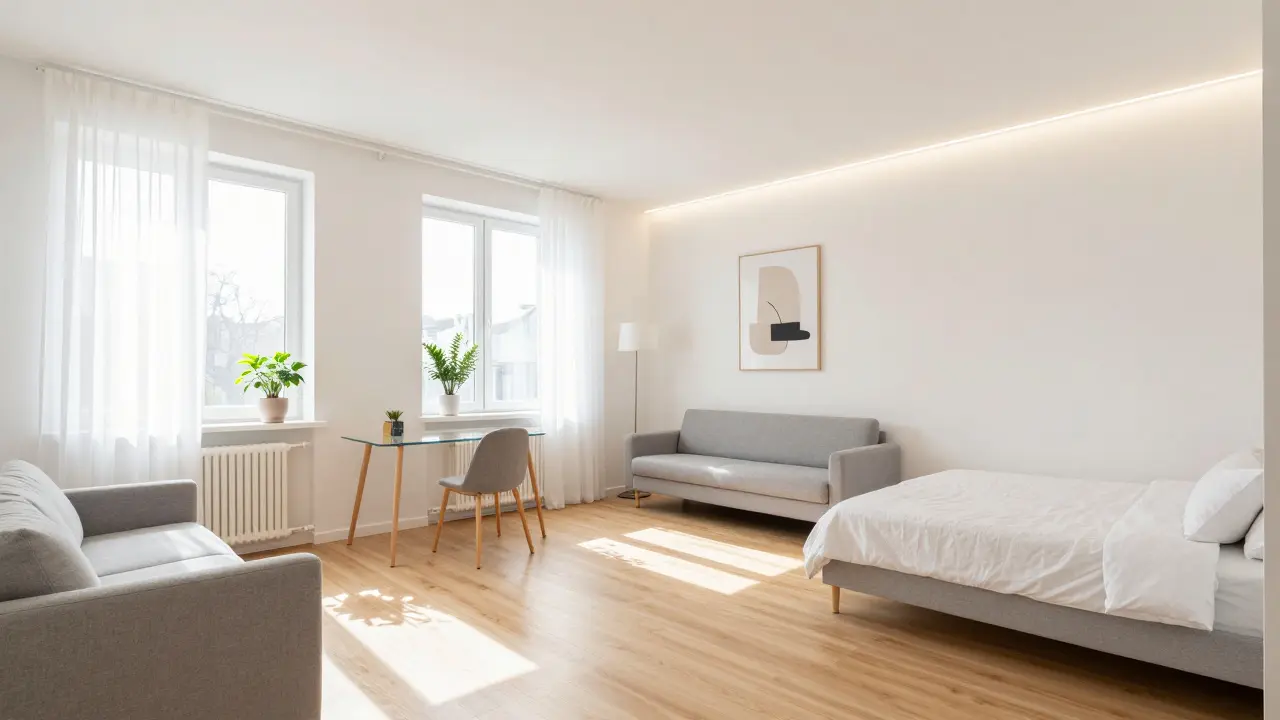 Po stagingu: světlý, moderně zařízený byt s neutrálním nábytkem a přirozeným osvětlením.