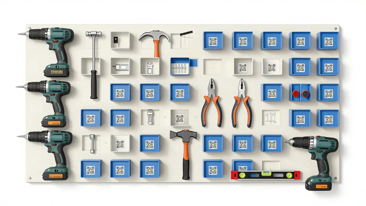 Pohled shora na nástěnný panel s přesně uspořádaným nářadím a QR kódy na boxích pro organizaci.
