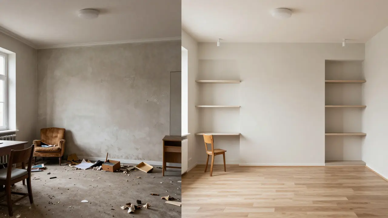 Před a po: znečištěný byt vlevo, připravený k prodeji vpravo s čistými stěnami a minimalistickým vyzdobením.