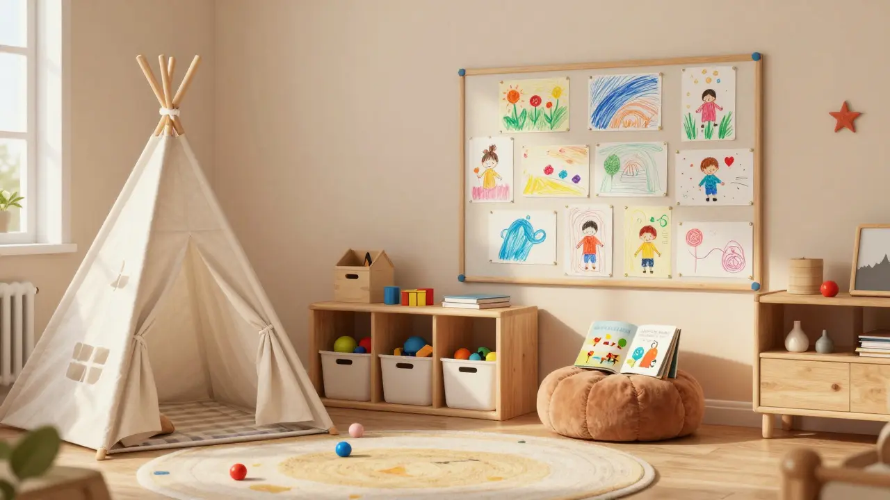 Předškolák čte v teepee s hračkami v nízkých koších a kresbami na magnetické tabuli.