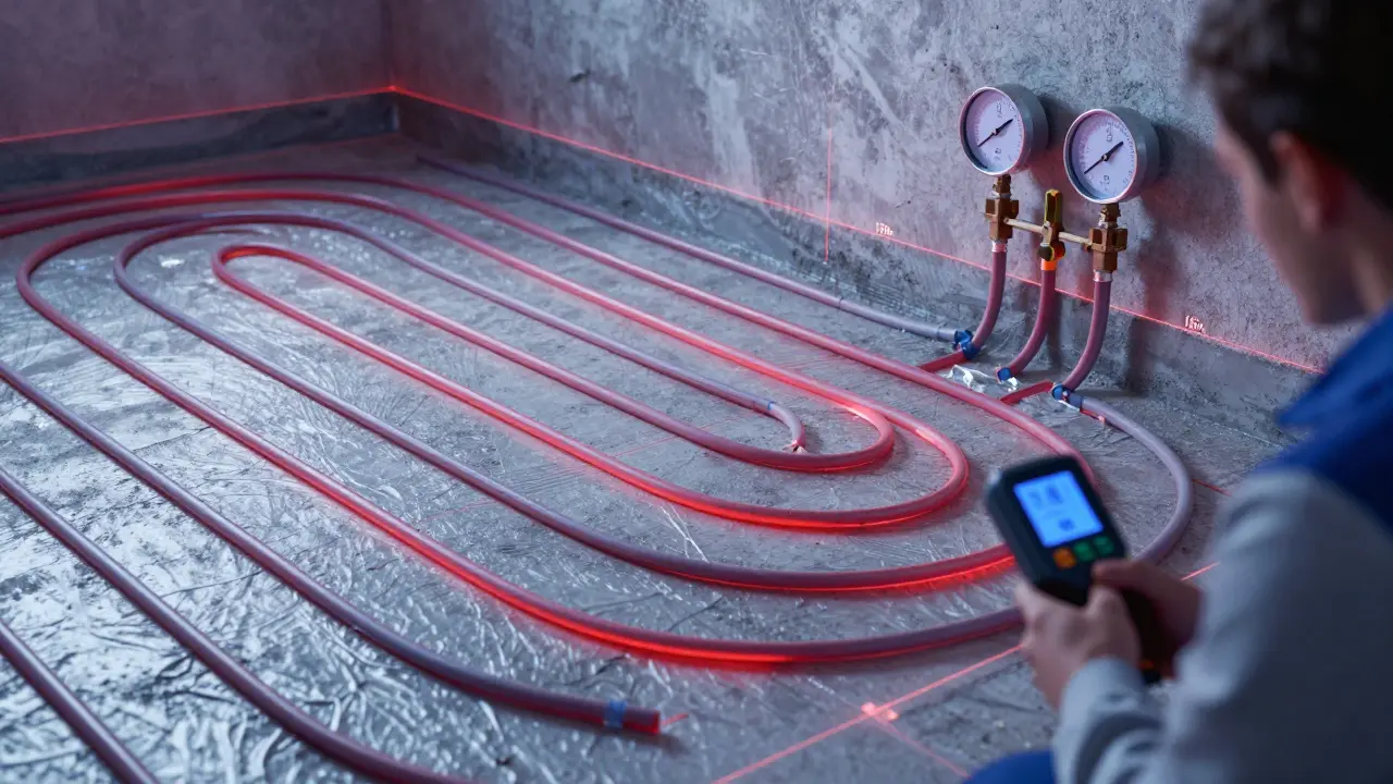 Profesionální instalace podlahového topení s přesně rozmístěnými trubkami a měřením tlaku.