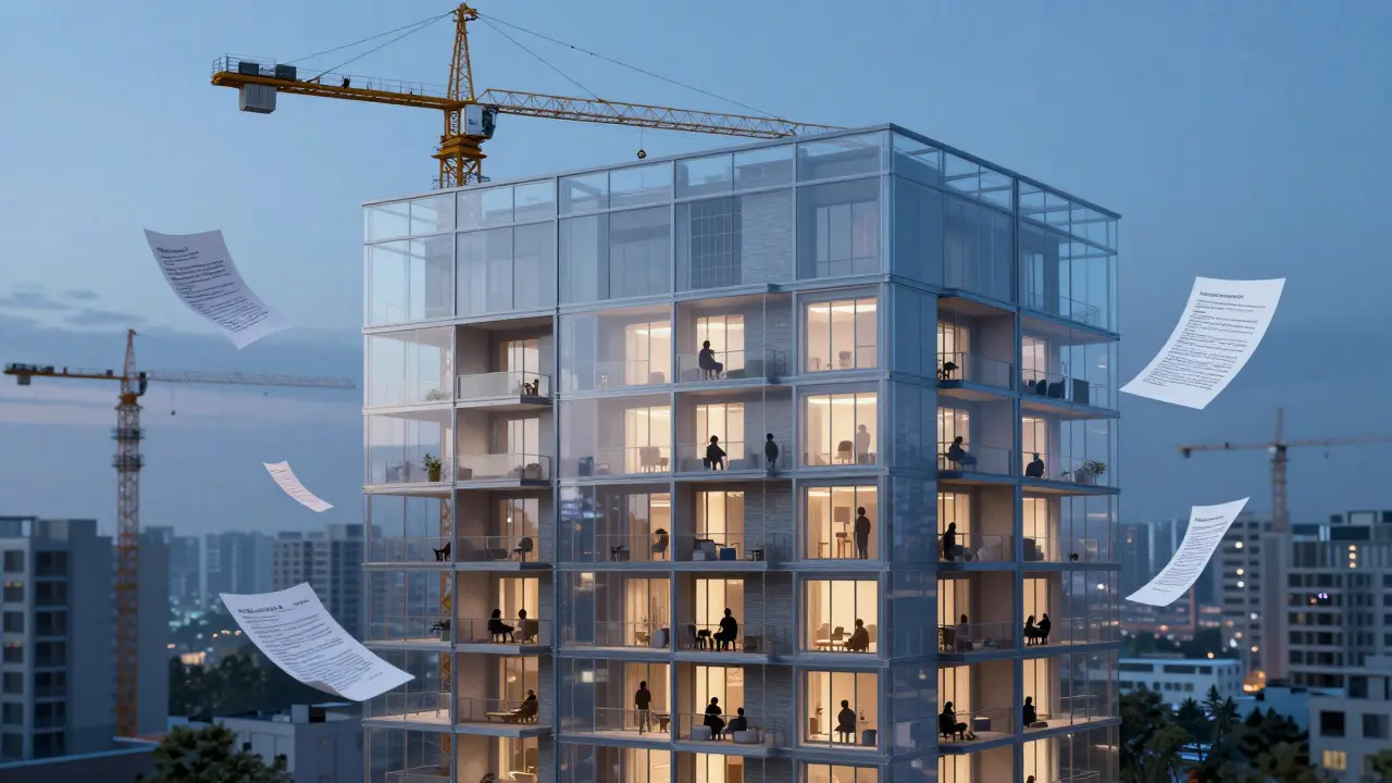 Průhledný bytový dům odhaluje skryté rizika: stavební kran, finanční dokumenty a přeplněné byty.