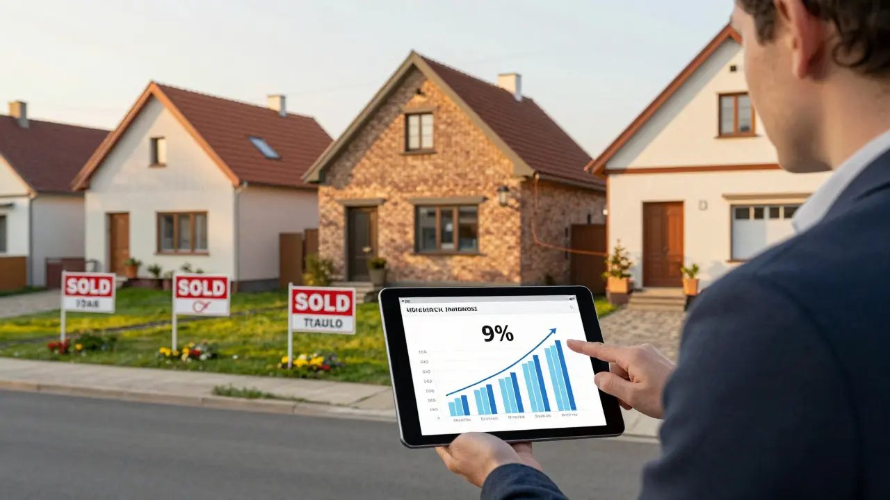 Realitní poradce ukazuje na tabletu s porovnáním cen bytů v Brně a známkami prodaných domů.