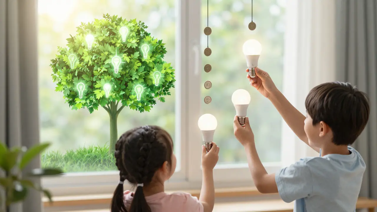 Rodina instaluje LED žárovky s ekologickými výhodami a úsporami.