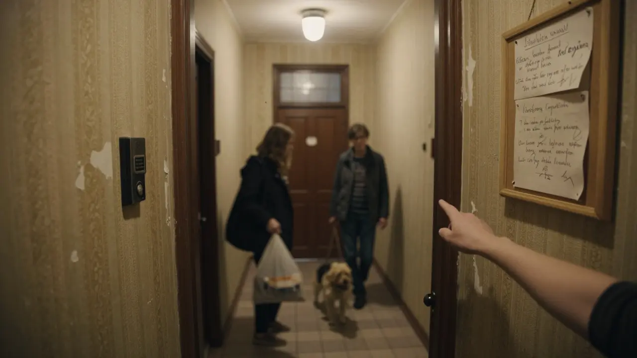 Ruka zazvoní na zvonku v českém bytovém domě, za dveřmi se skrývají neznámí sousedé.