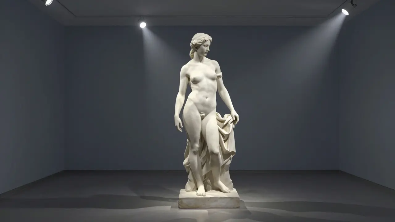 Socha osvětlená z více směrů, s jemným ambientním světlem podél podlahy.