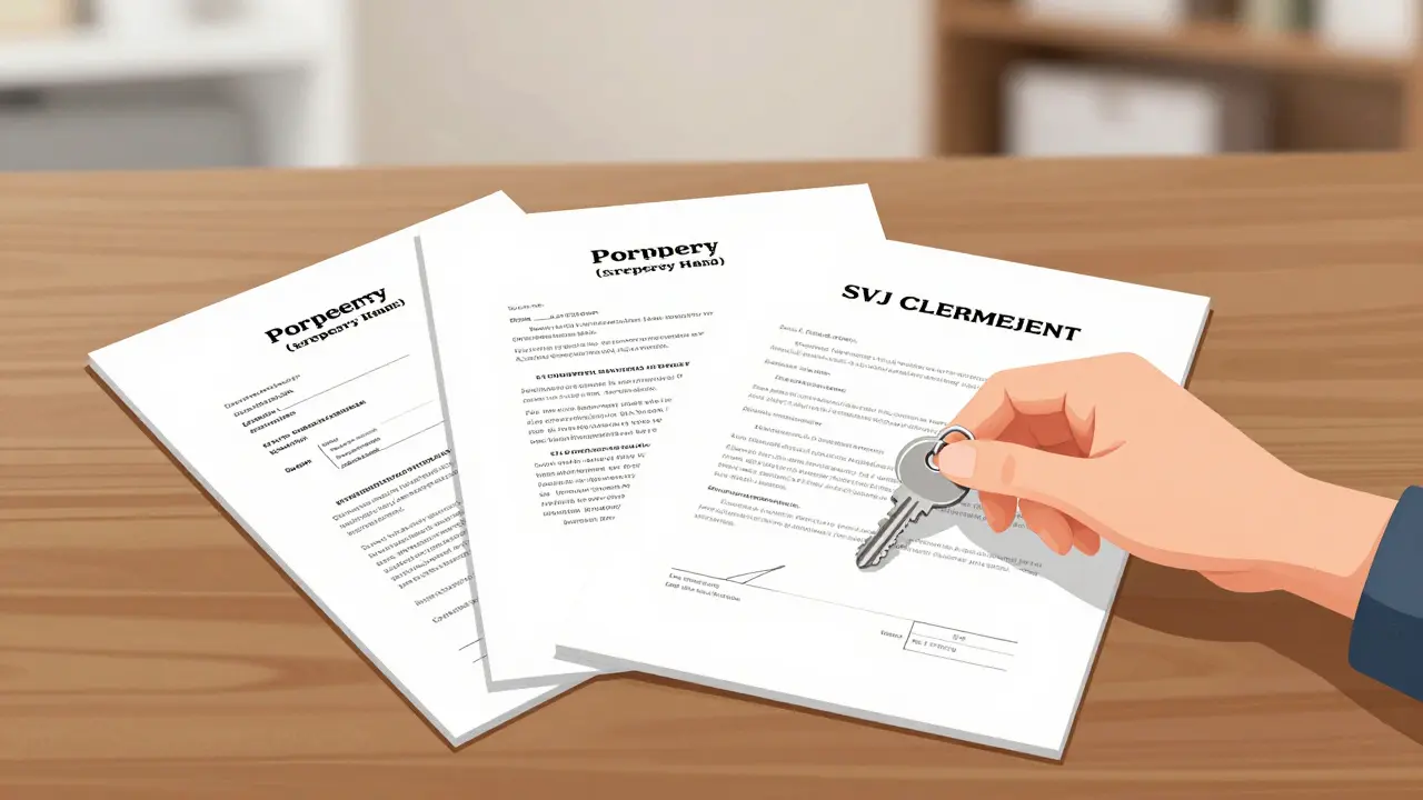 Soubor dokumentů prodeje bytu: protokol, odhlášení pobytu a rezervační smlouva na stole.