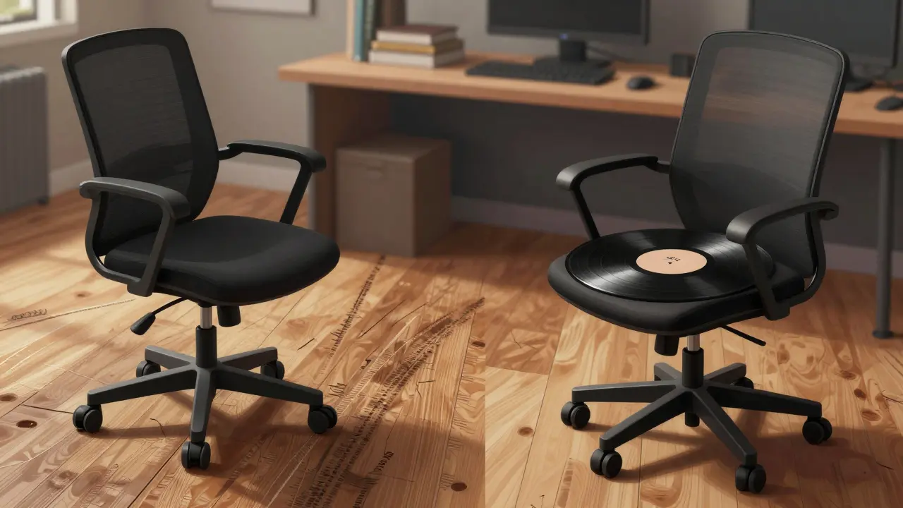 Split visual comparison: scratched laminate floor versus nearly intact vinyl floor under identical chair use.
