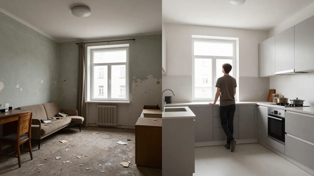 Srovnání před a po: transformace zaplněného bytu na prostor s moderním, přívětivým vzhledem.