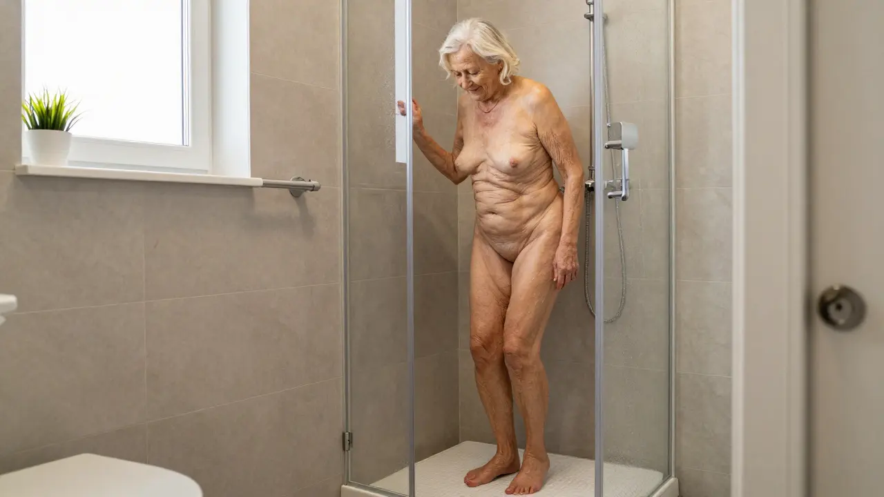 Starší osoba bezpečně vystupuje ze sprchy na matné dlažbě R11 s jemnou texturou v koupelně.