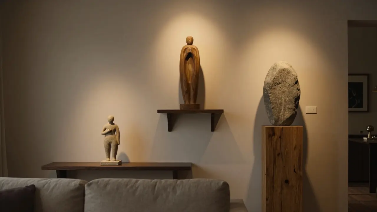 Three sculptures of different sizes and materials arranged dynamically on a wall opposite a sofa in a cozy living space.