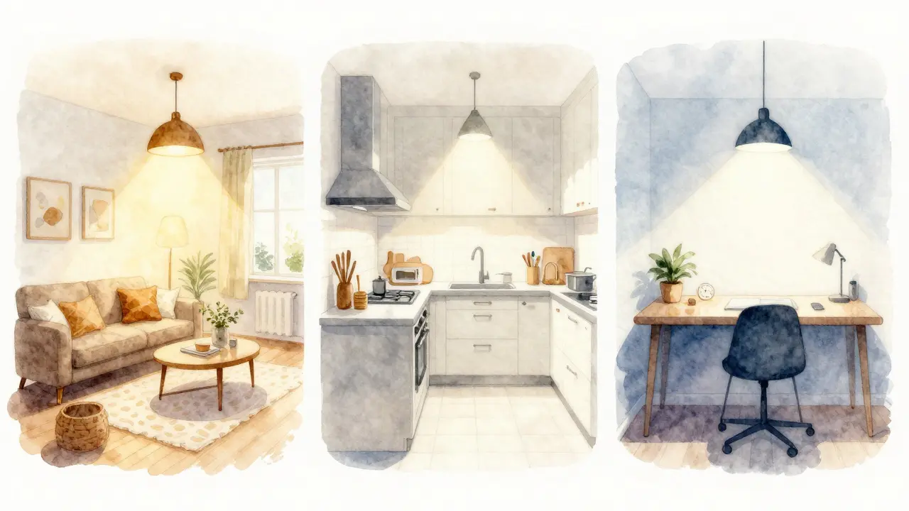 Tři zóny domácnosti s různými barvovými teplotami světla.