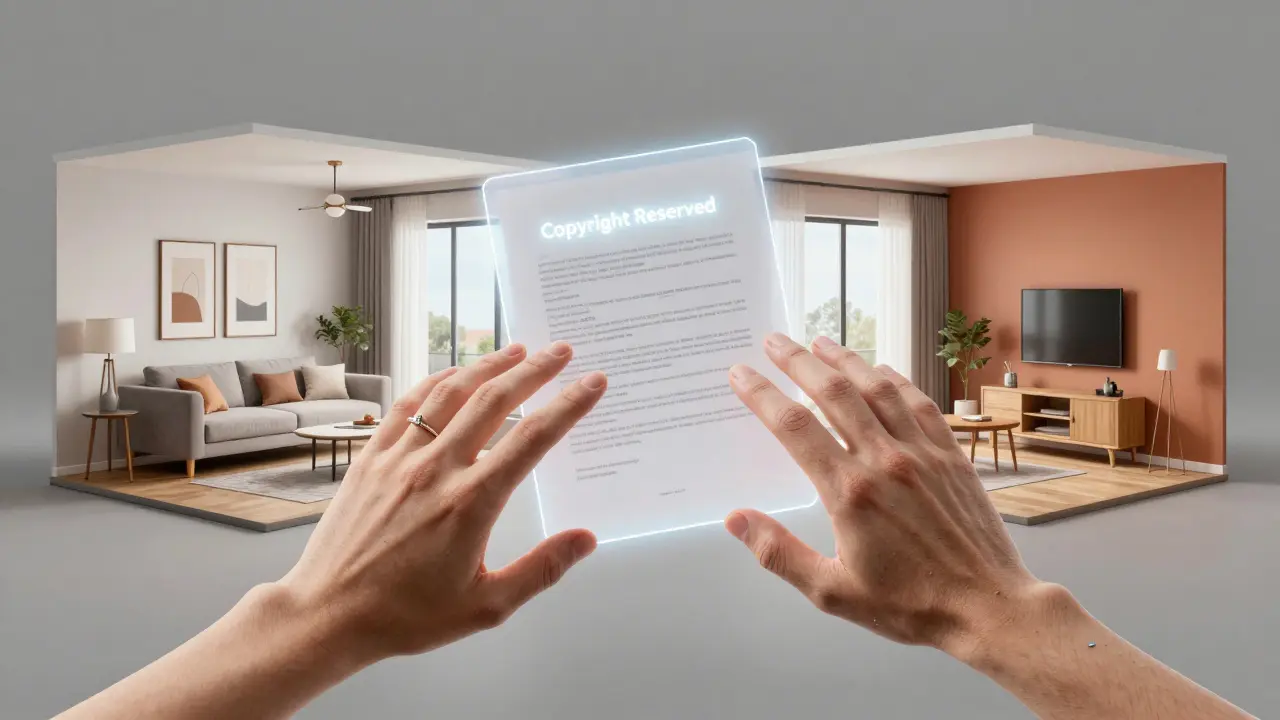 Two hands reaching for a floating 3D interior design model, with a transparent copyright notice between them.