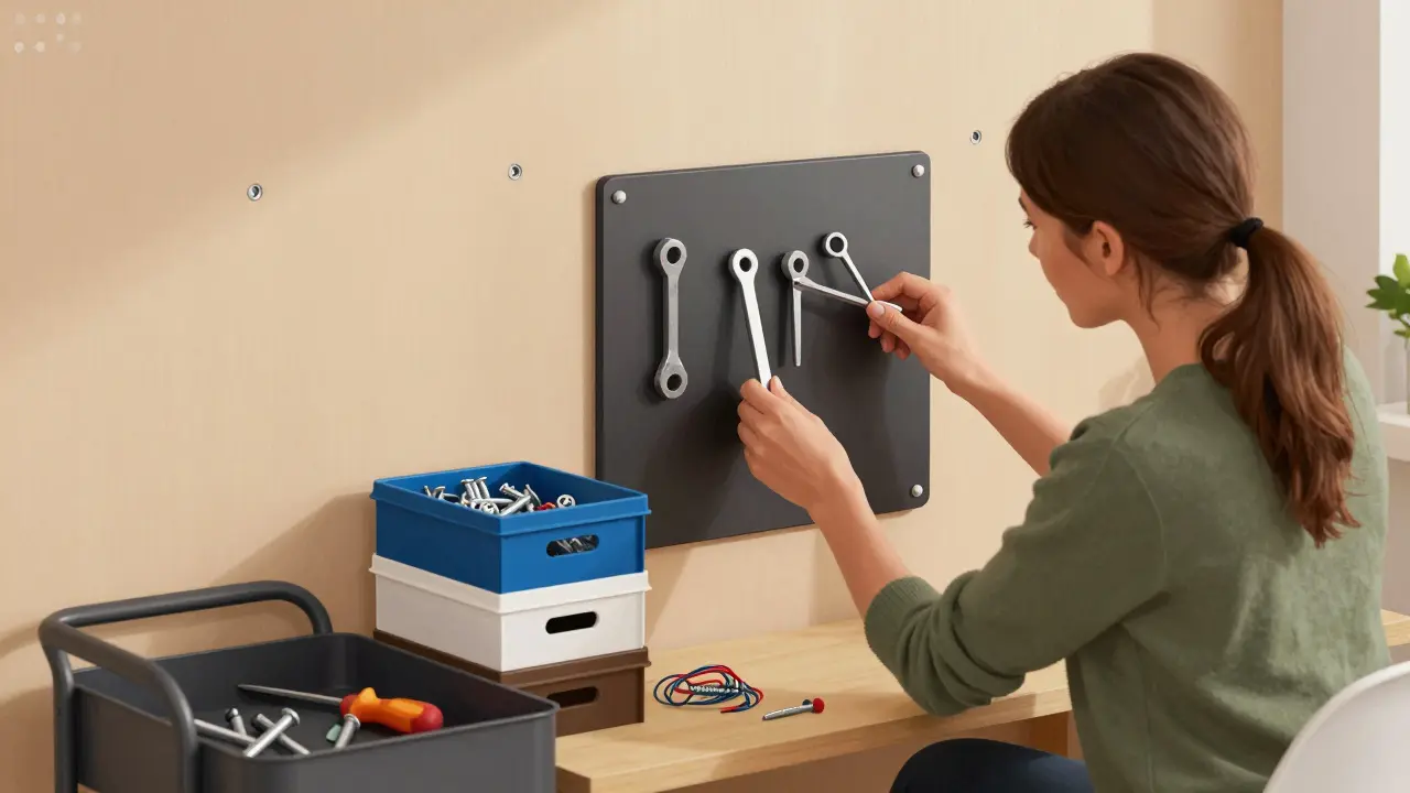 Žena v malé dílně používá magnetický panel a přesunutelný vozík s nářadím v bytovém prostoru.