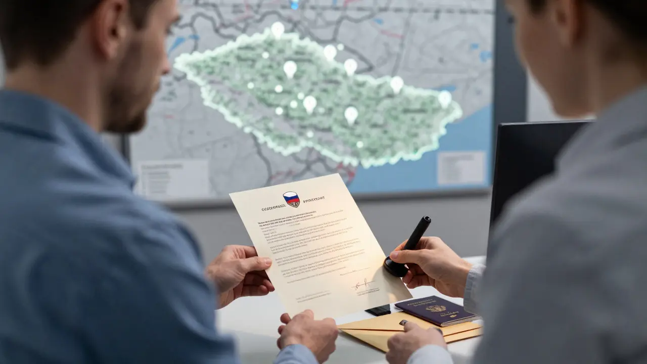 Český občan v zahraničí nechává ověřit originál plné moci na české ambasadě s oficiálním razítkem.