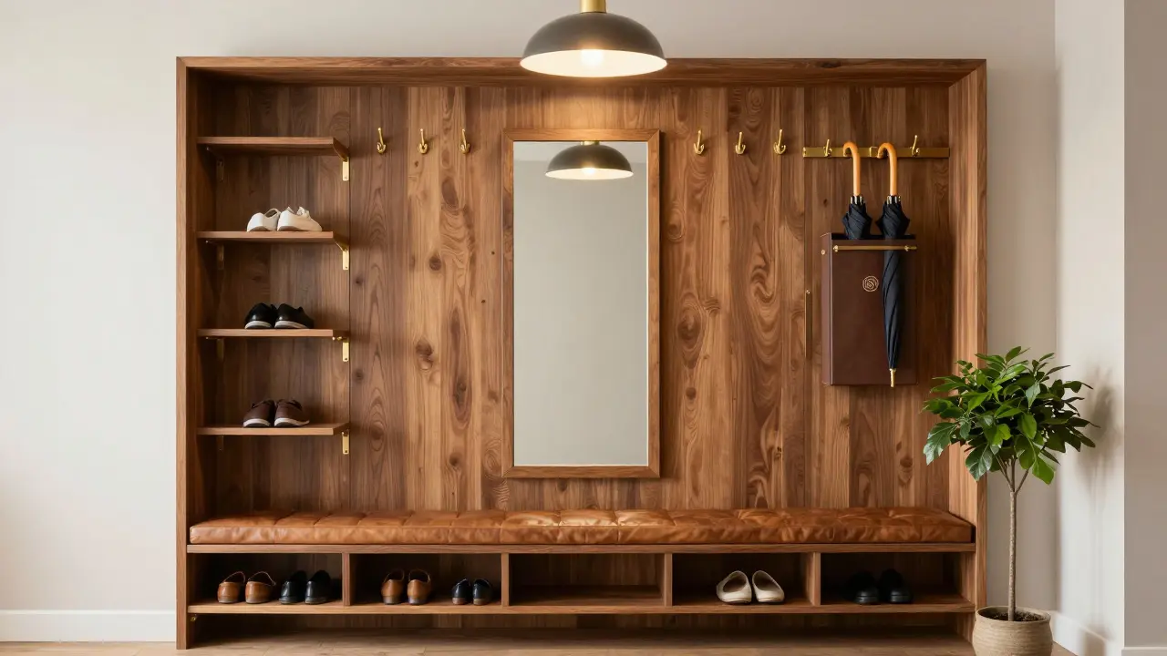 Complete hallway wall system with hooks, shelves, mirror, and bench.